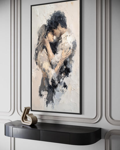 Romantic Couple Embrace Abstract Neutral Tall Vertical Canvas Wall Art