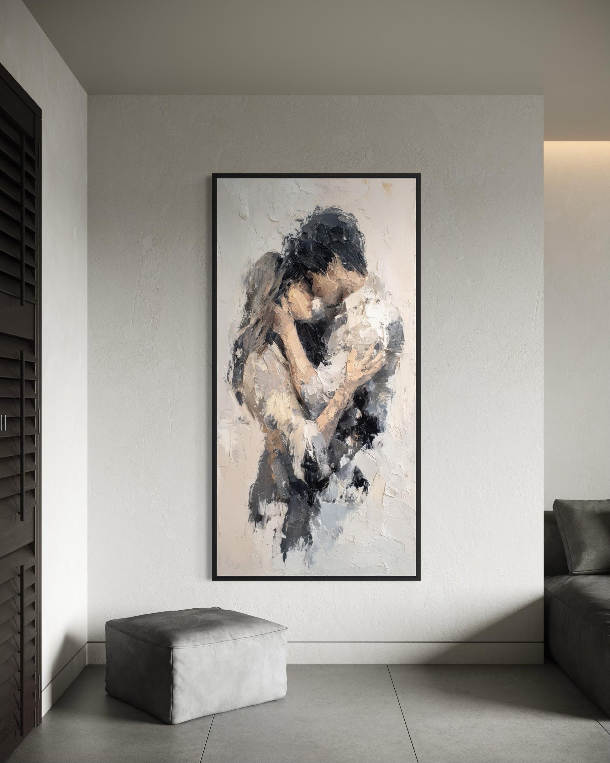 Romantic Couple Embrace Abstract Neutral Tall Vertical Canvas Wall Art