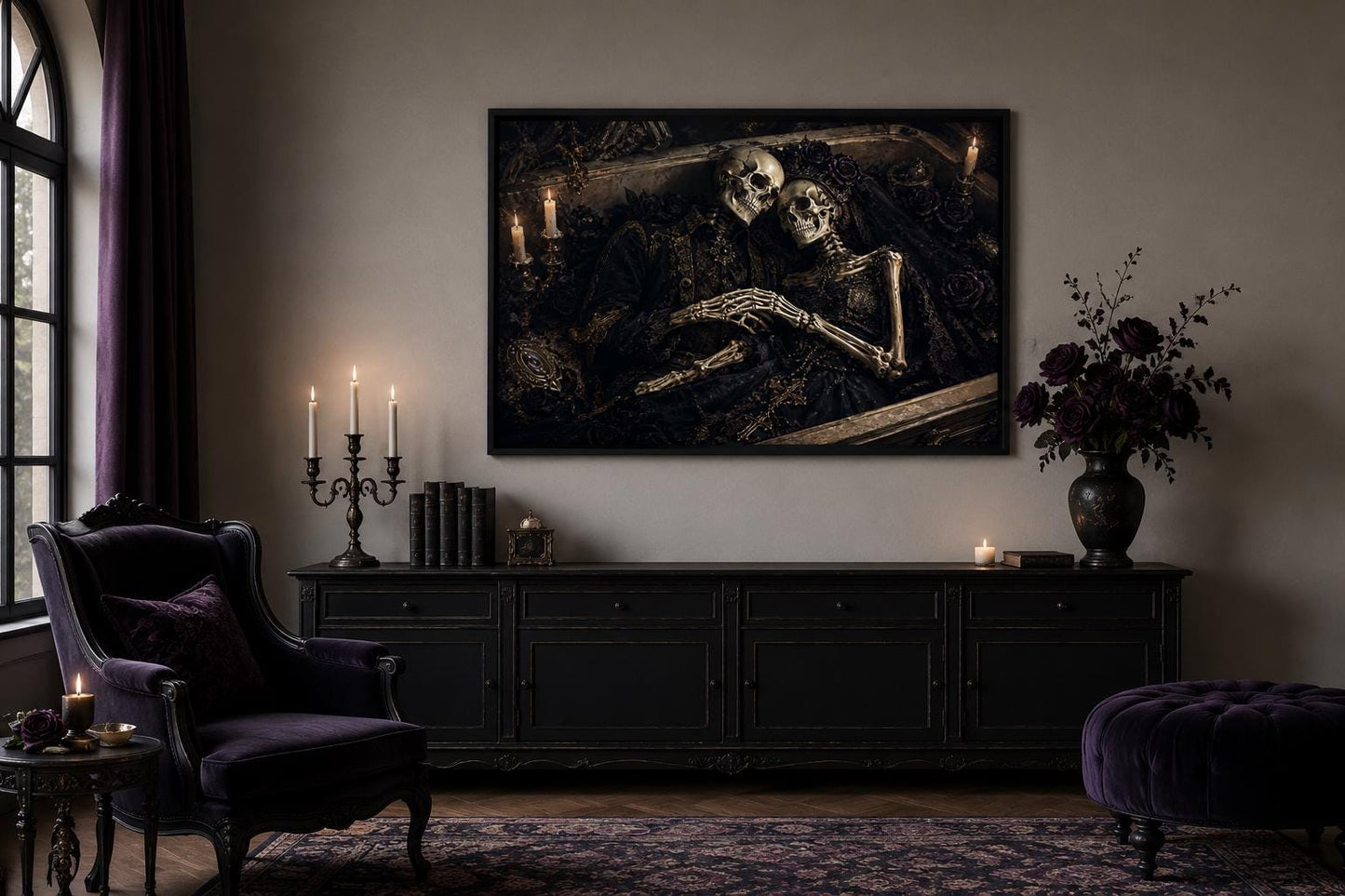 Romantic Gothic Skeleton Couple Artwork in Ornate Coffin Canvas