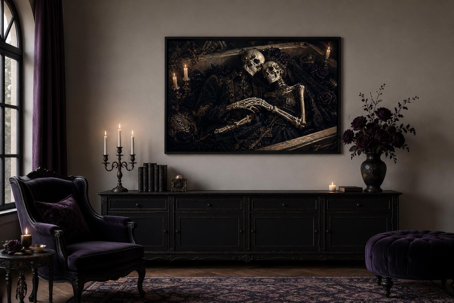 Romantic Gothic Skeleton Couple Artwork in Ornate Coffin Canvas