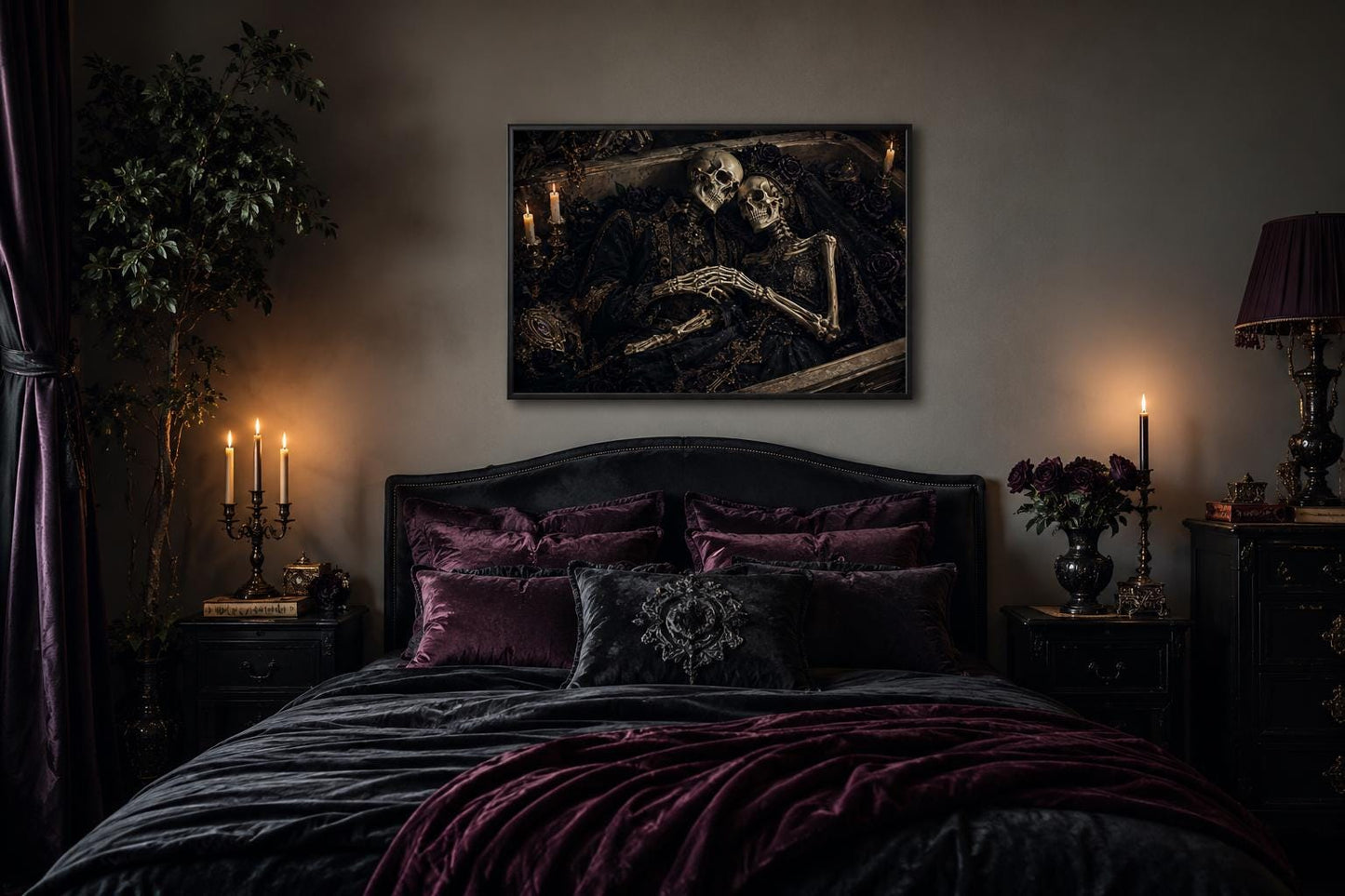 Romantic Gothic Skeleton Couple Artwork in Ornate Coffin Canvas