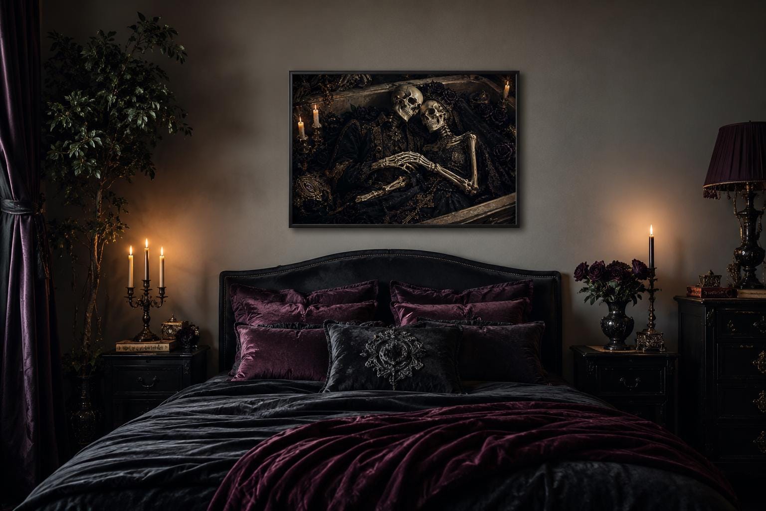 Romantic Gothic Skeleton Couple Artwork in Ornate Coffin Canvas