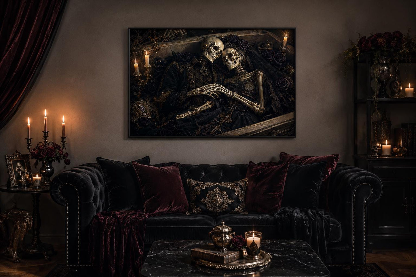 Romantic Gothic Skeleton Couple Artwork in Ornate Coffin Canvas