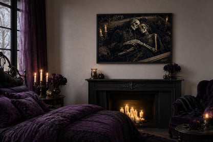 Romantic Gothic Skeleton Couple Artwork in Ornate Coffin Canvas