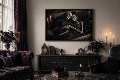 Romantic Gothic Skeleton Couple Artwork in Ornate Coffin Canvas