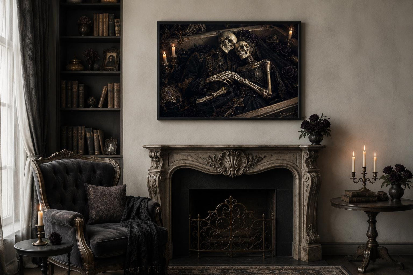 Romantic Gothic Skeleton Couple Artwork in Ornate Coffin Canvas