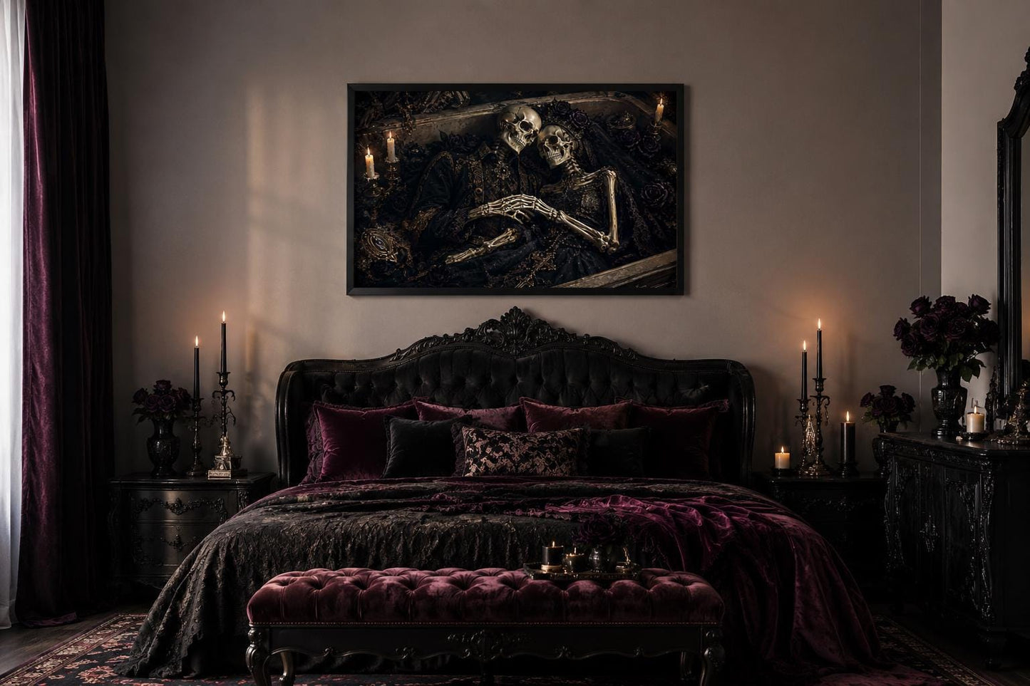 Romantic Gothic Skeleton Couple Artwork in Ornate Coffin Canvas