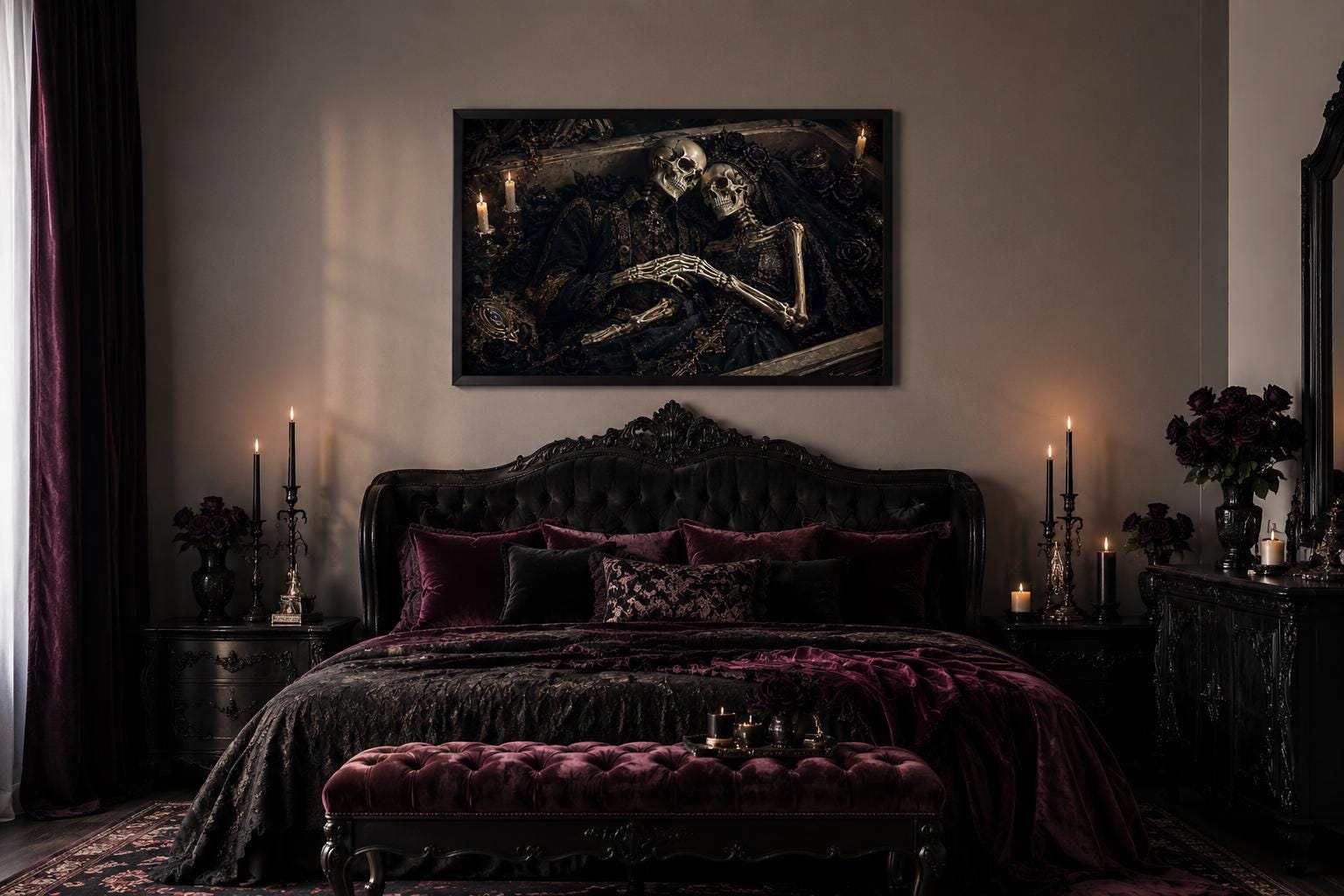 Romantic Gothic Skeleton Couple Artwork in Ornate Coffin Canvas
