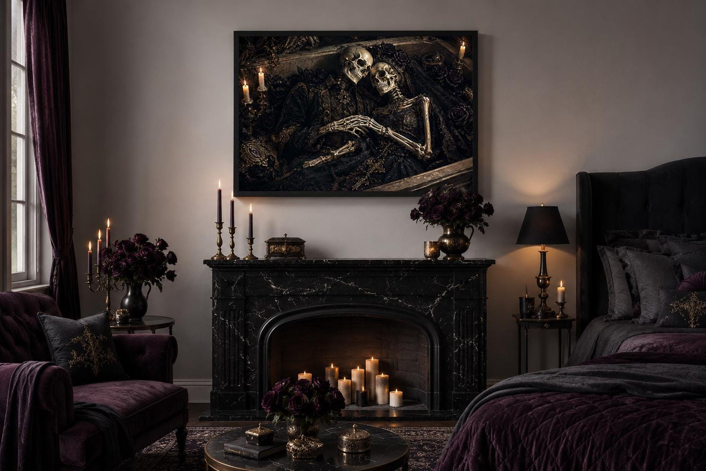 Romantic Gothic Skeleton Couple Artwork in Ornate Coffin Canvas