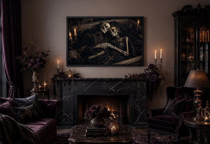 Romantic Gothic Skeleton Couple Artwork in Ornate Coffin Canvas