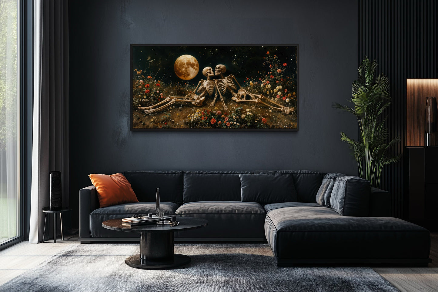 Romantic Gothic Wall Art – Eternal Love Skeletons Floral Gothic Decor for Couples Bedroom