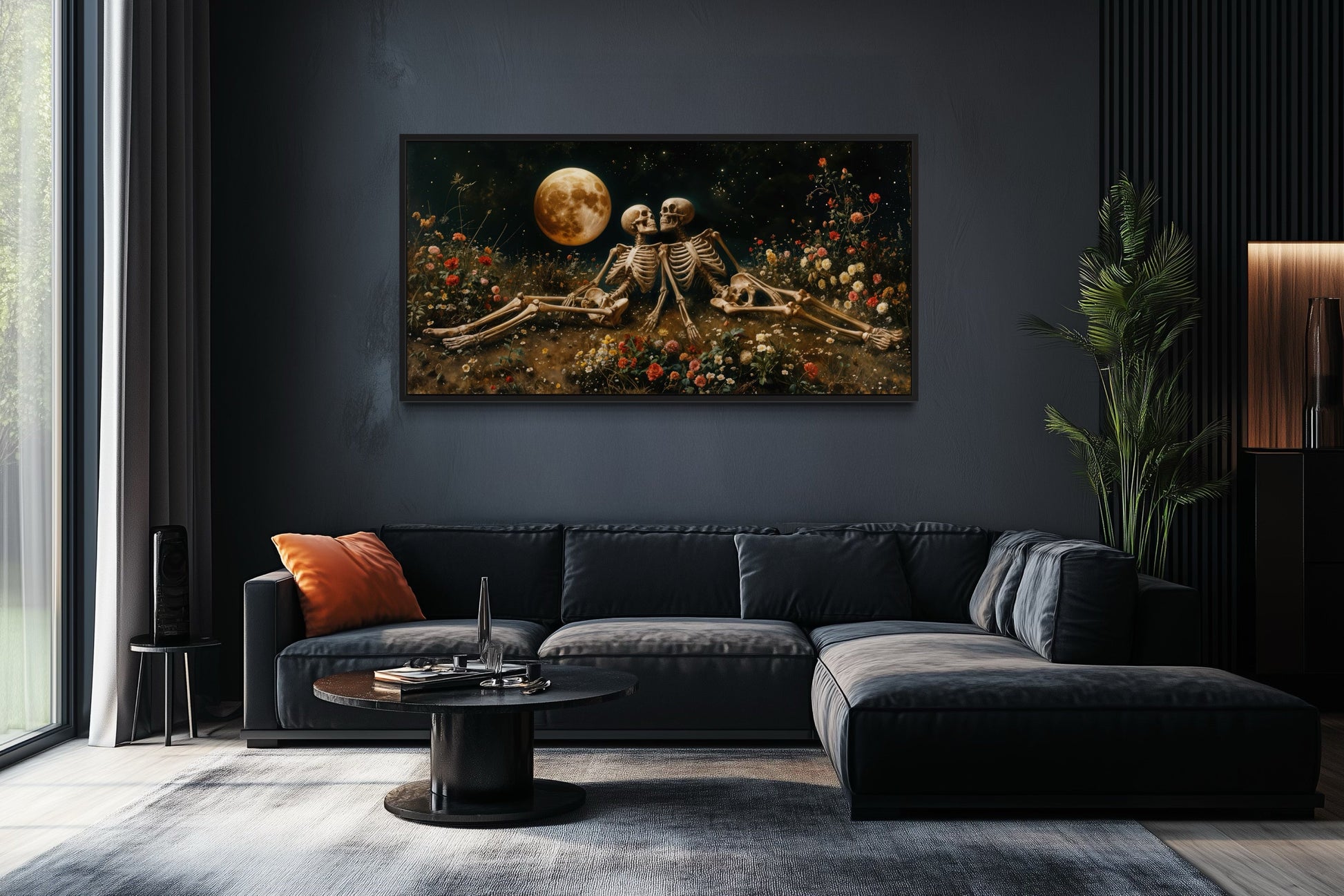 Romantic Gothic Wall Art – Eternal Love Skeletons Floral Gothic Decor for Couples Bedroom