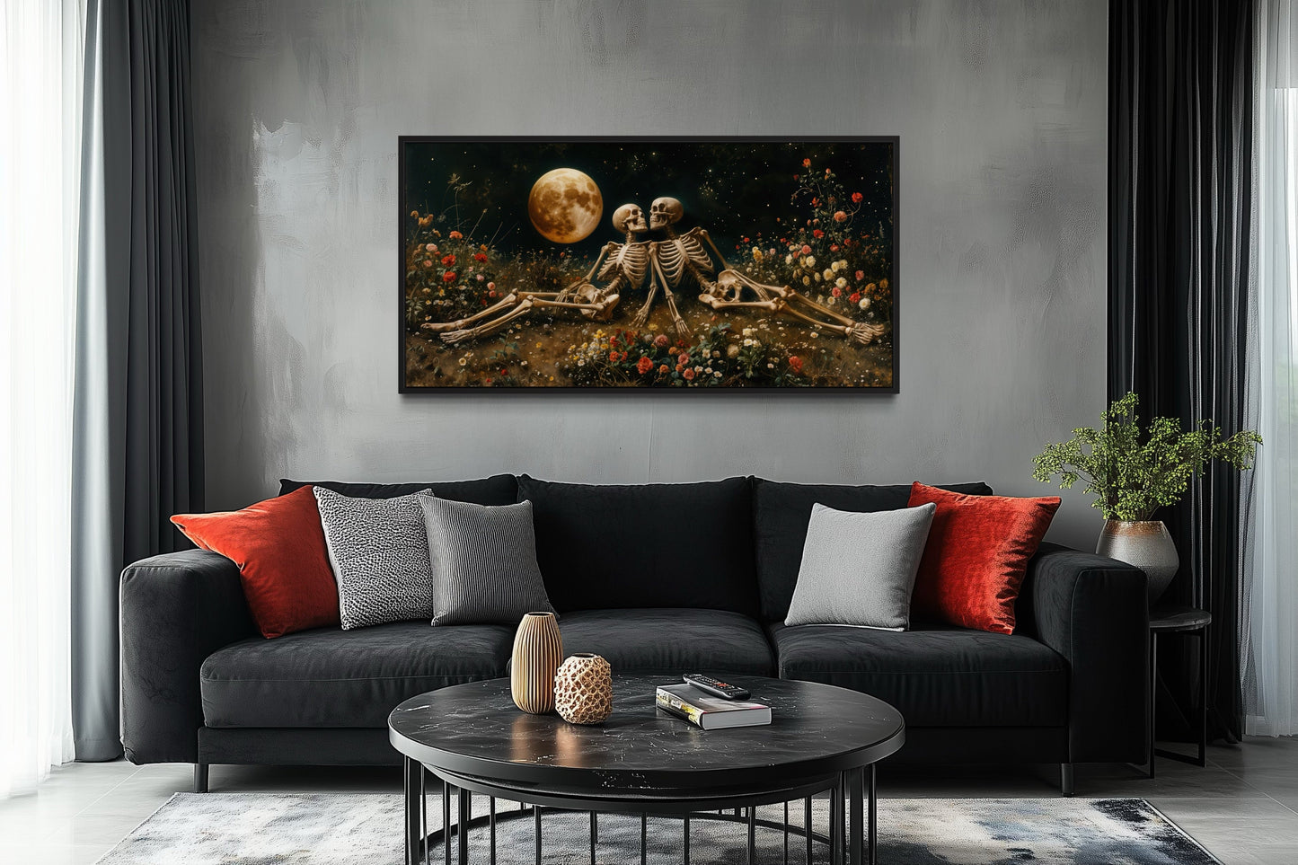 Romantic Gothic Wall Art – Eternal Love Skeletons Floral Gothic Decor for Couples Bedroom