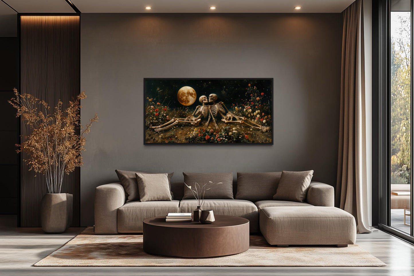 Romantic Gothic Wall Art – Eternal Love Skeletons Floral Gothic Decor for Couples Bedroom
