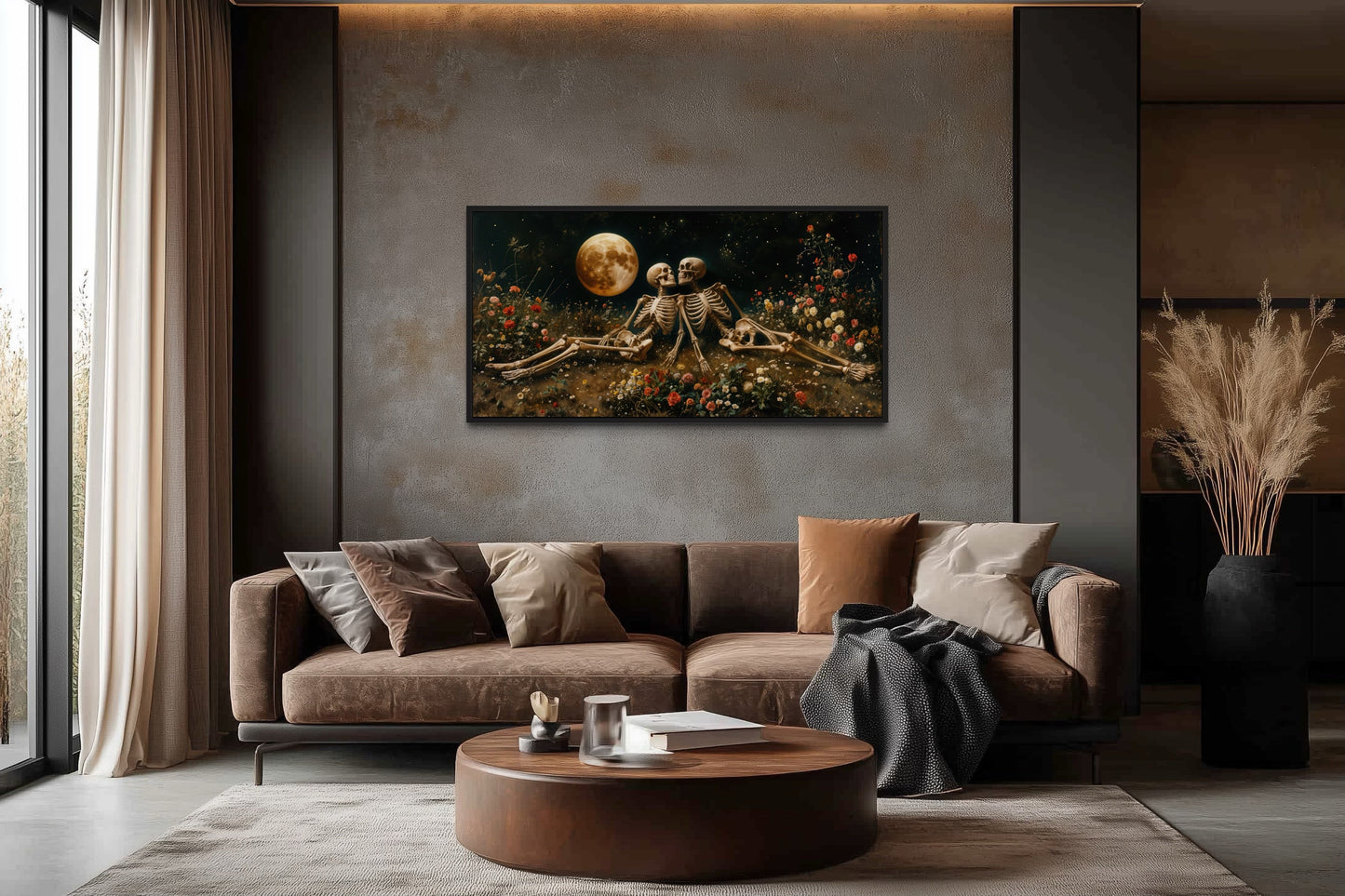 Romantic Gothic Wall Art – Eternal Love Skeletons Floral Gothic Decor for Couples Bedroom