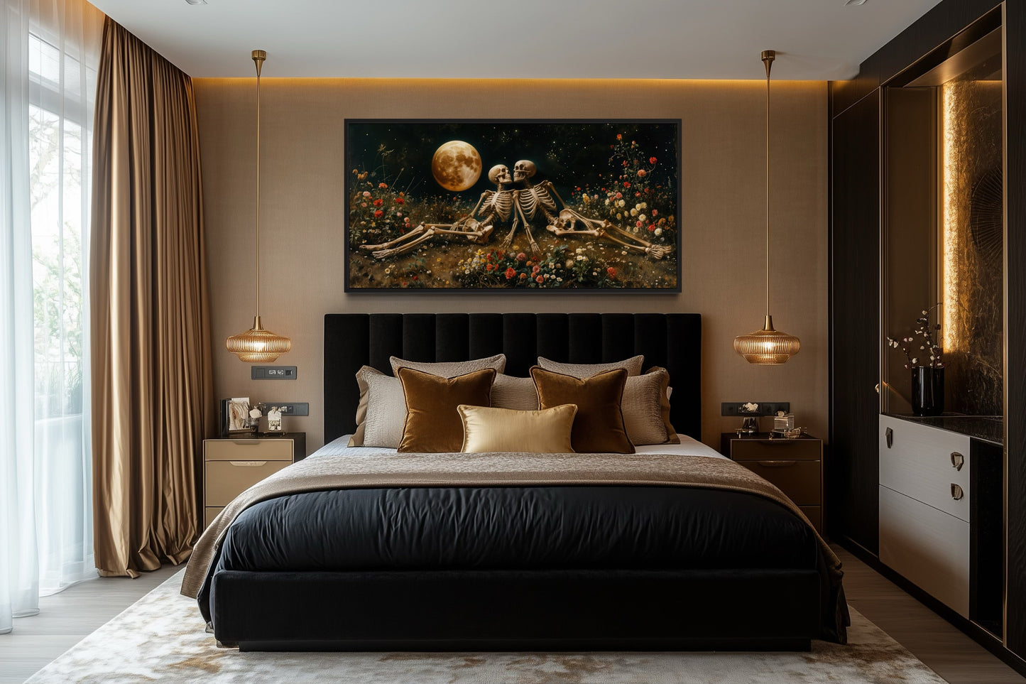 Romantic Gothic Wall Art – Eternal Love Skeletons Floral Gothic Decor for Couples Bedroom