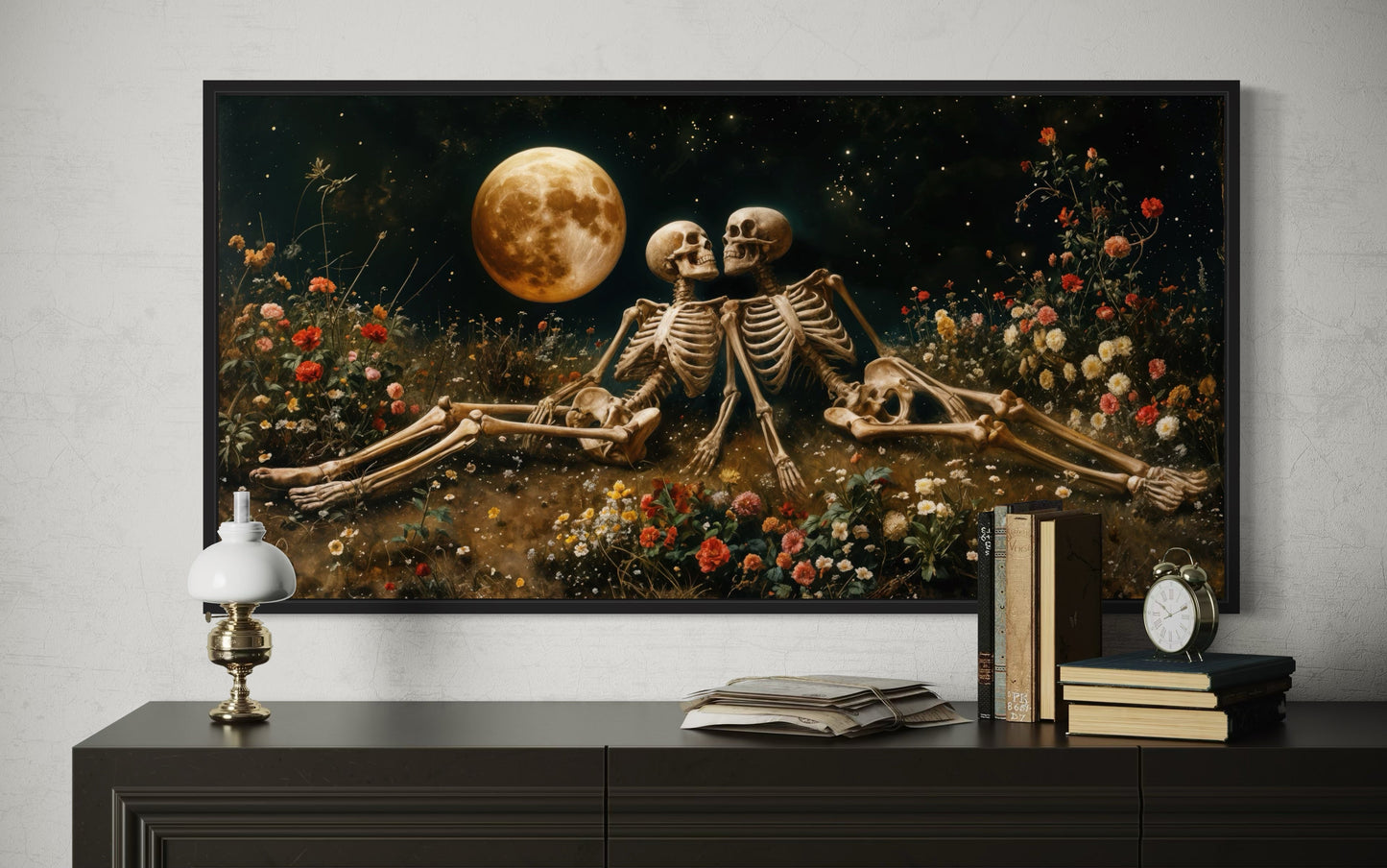 Romantic Gothic Wall Art – Eternal Love Skeletons Floral Gothic Decor for Couples Bedroom