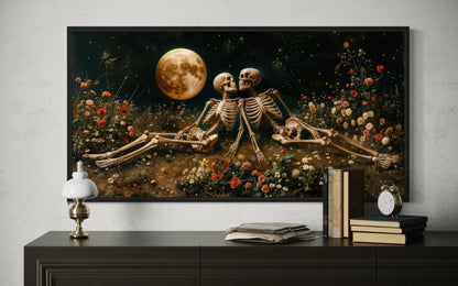 Romantic Gothic Wall Art – Eternal Love Skeletons Floral Gothic Decor for Couples Bedroom