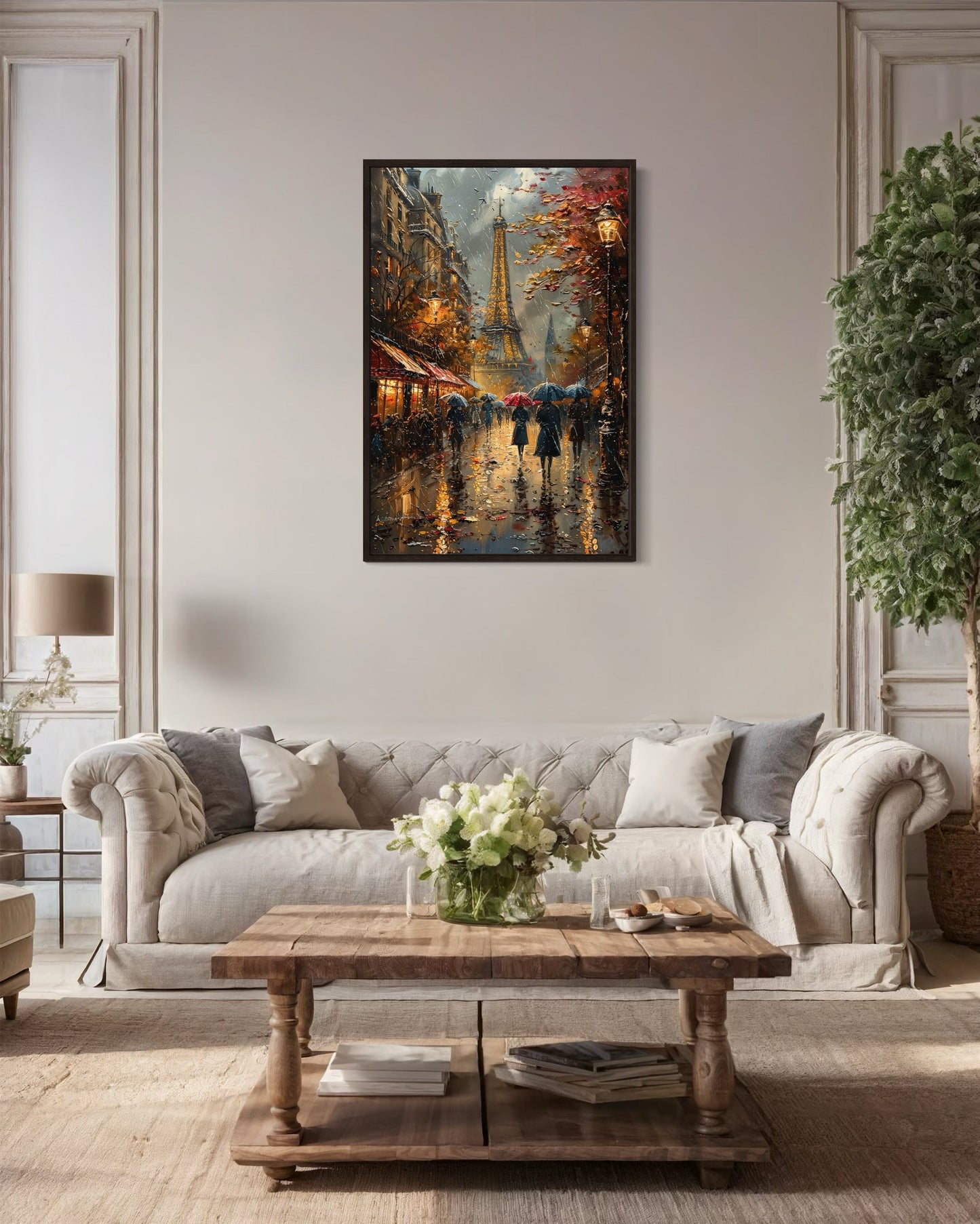 Romantic Paris Street In Rain With Eiffel Tower Framed Canvas Wall Art