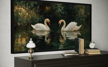 Romantic Swans Couple In The Lake Canvas Wall Art