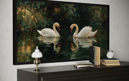 Romantic Swans Couple In The Lake Canvas Wall Art