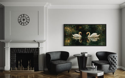 Romantic Swans Couple In The Lake Canvas Wall Art