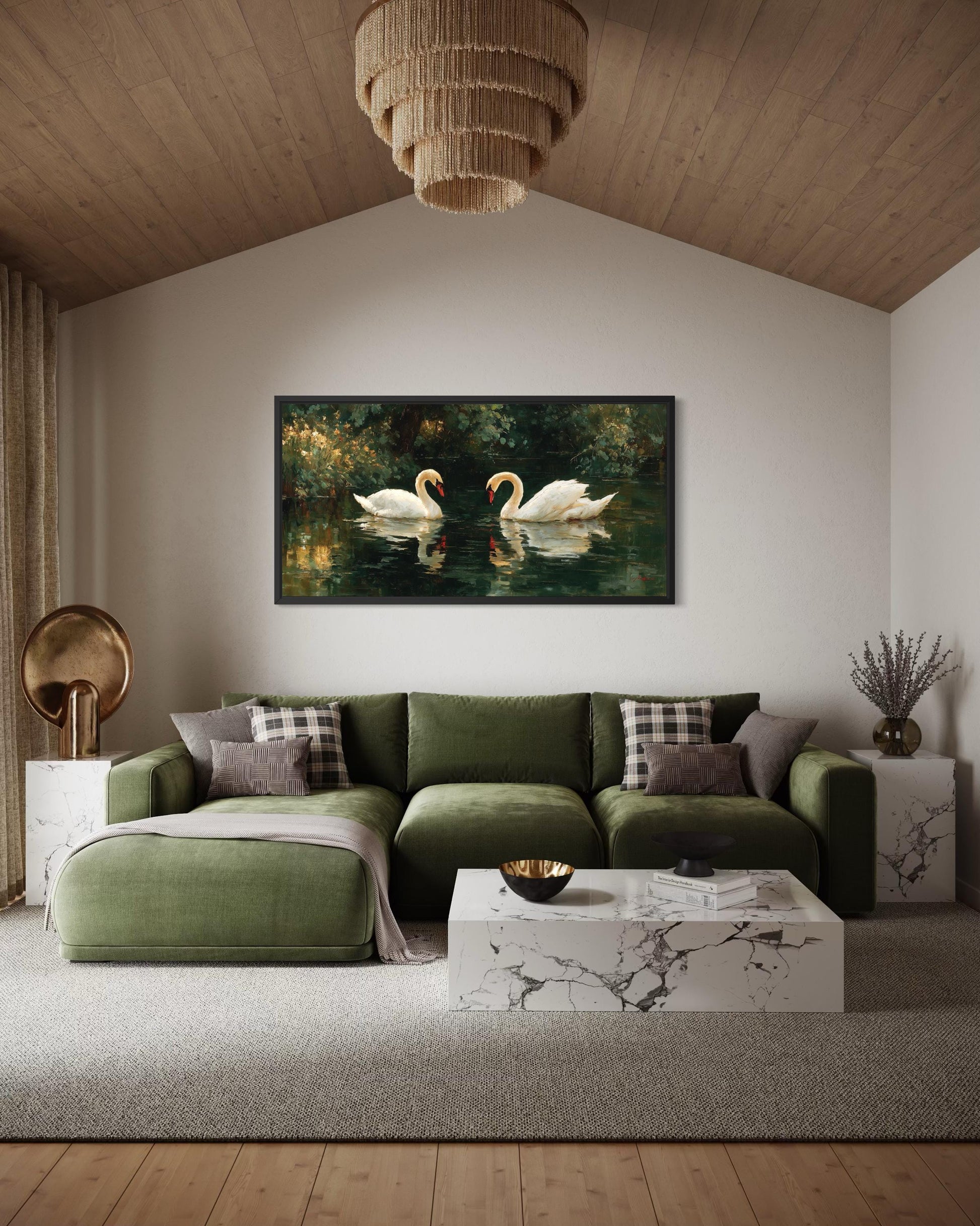 Romantic Swans Couple In The Lake Canvas Wall Art