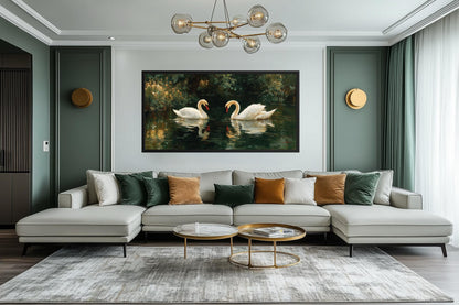 Romantic Swans Couple In The Lake Canvas Wall Art