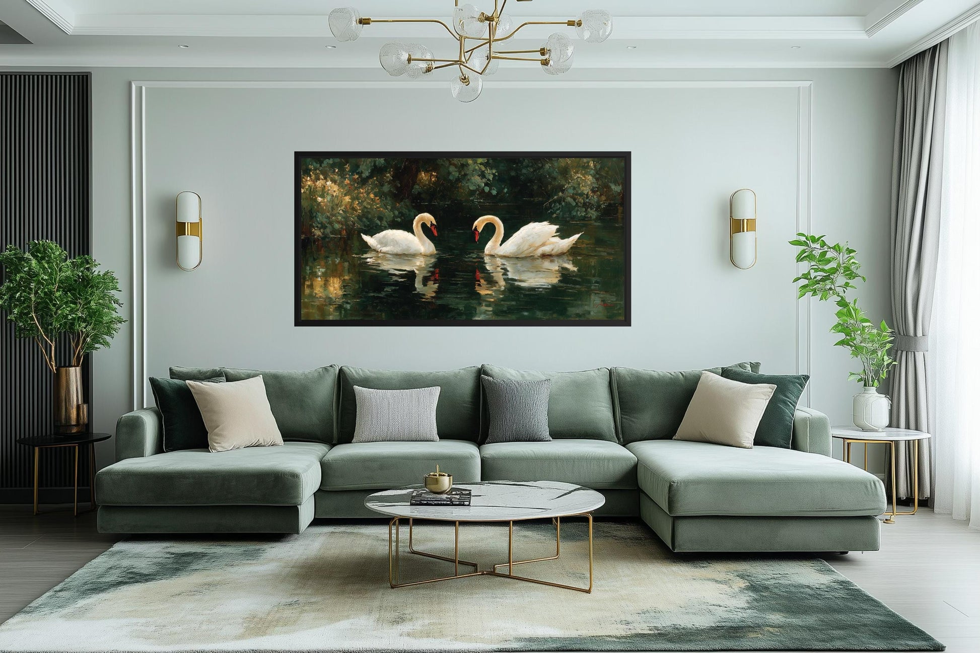 Romantic Swans Couple In The Lake Canvas Wall Art