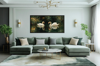 Romantic Swans Couple In The Lake Canvas Wall Art