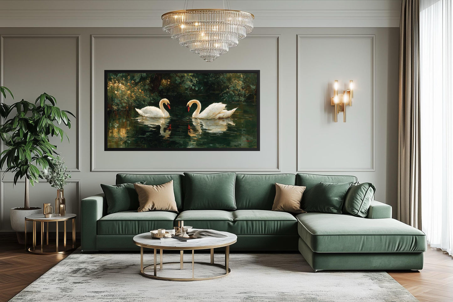 Romantic Swans Couple In The Lake Canvas Wall Art