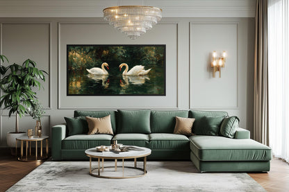 Romantic Swans Couple In The Lake Canvas Wall Art