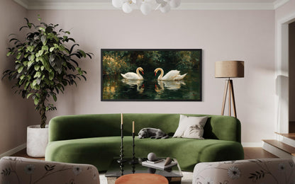 Romantic Swans Couple In The Lake Canvas Wall Art