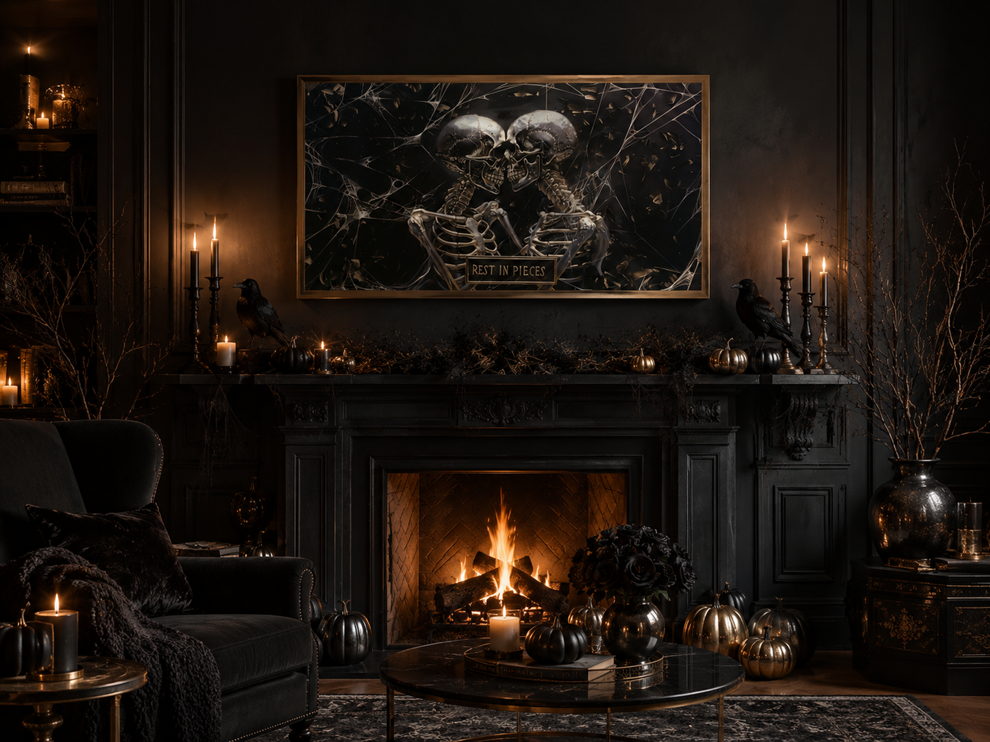 Romantic Gothic Skeletons Skull Painting With Rest In Pieces Plaque For Halloween Decor Canvas Wall Art