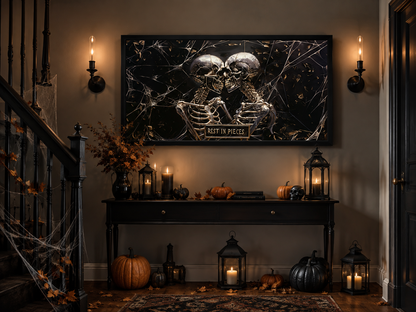 Romantic Gothic Skeletons Skull Painting With Rest In Pieces Plaque For Halloween Decor Canvas Wall Art