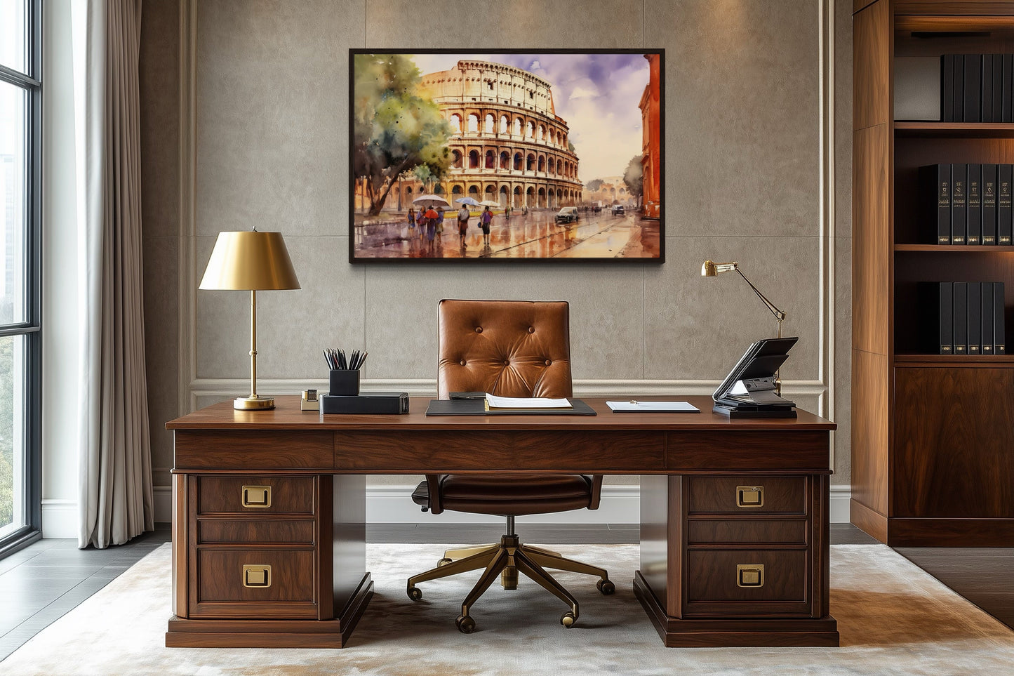 Rome Street With The Colosseum Vintage Framed Canvas Wall Art