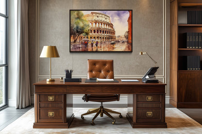 Rome Street With The Colosseum Vintage Framed Canvas Wall Art