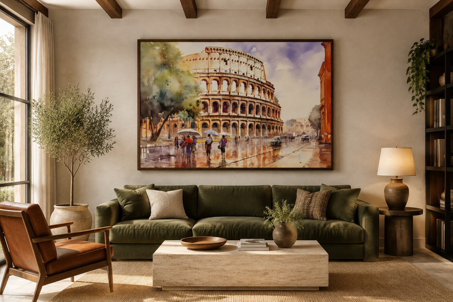 Rome Street With The Colosseum Vintage Framed Canvas Wall Art
