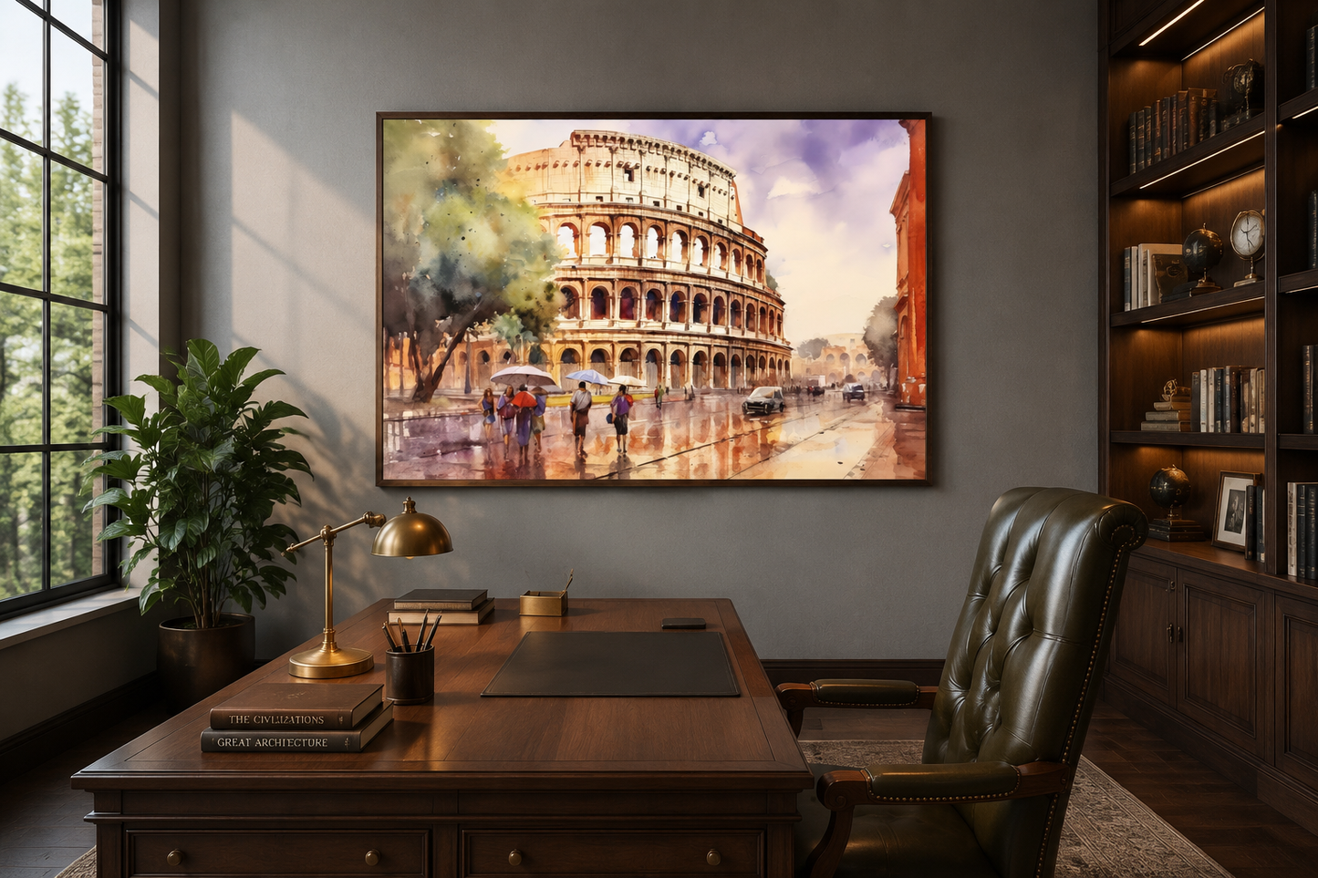 Rome Street With The Colosseum Vintage Framed Canvas Wall Art