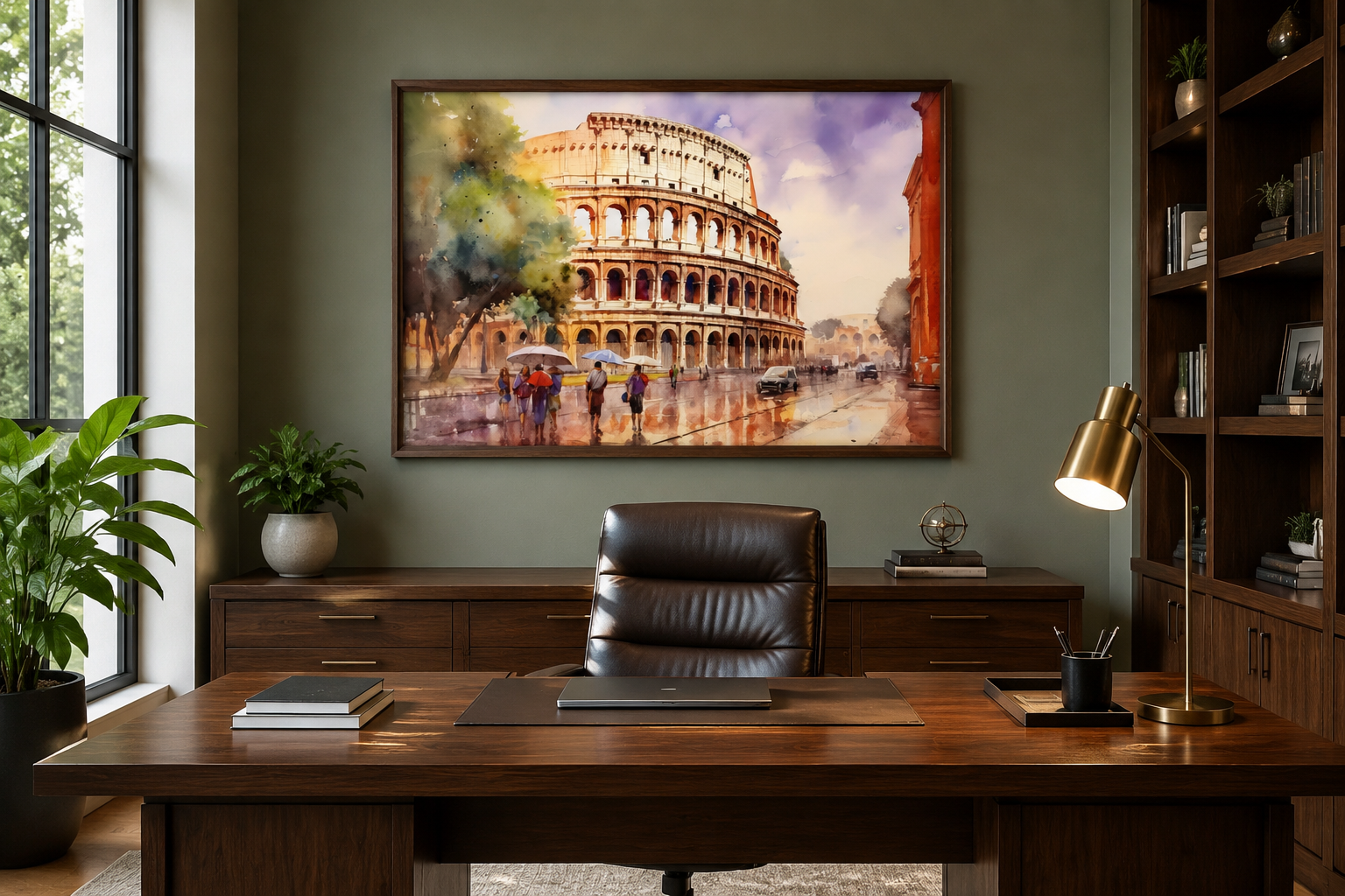 Rome Street With The Colosseum Vintage Framed Canvas Wall Art