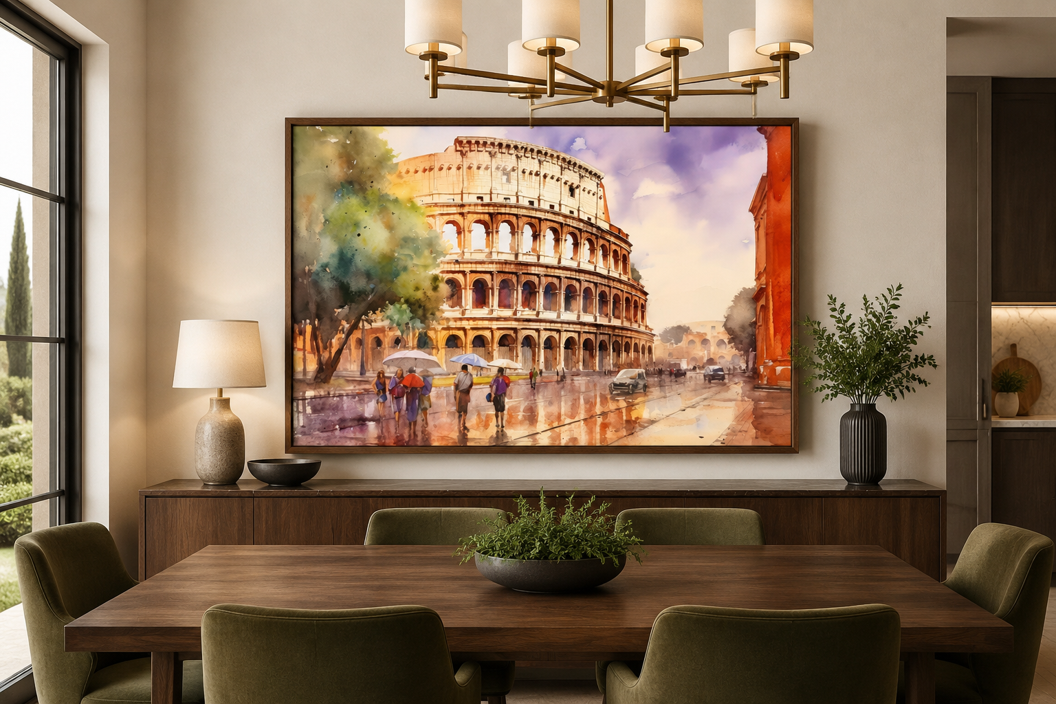 Rome Street With The Colosseum Vintage Framed Canvas Wall Art