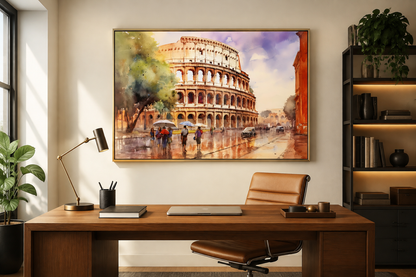 Rome Street With The Colosseum Vintage Framed Canvas Wall Art