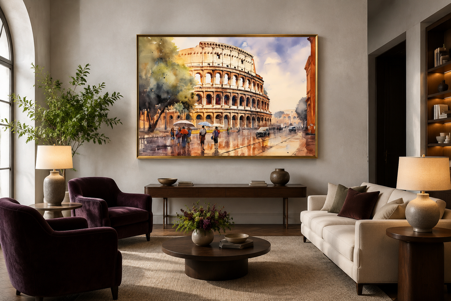 Rome Street With The Colosseum Vintage Framed Canvas Wall Art