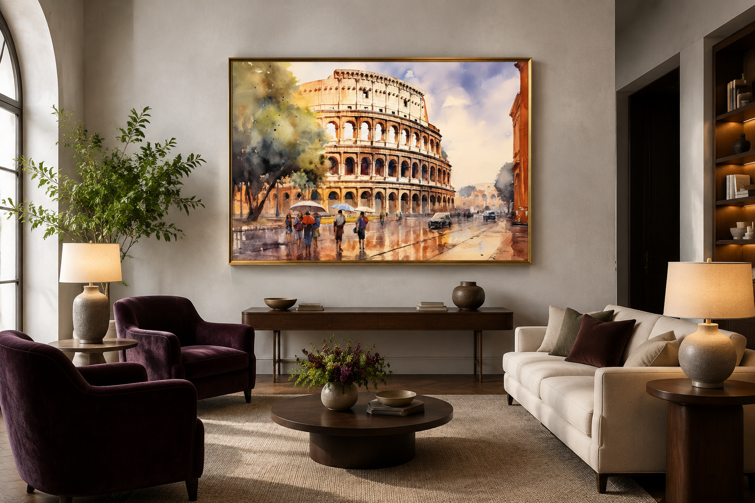 Rome Street With The Colosseum Vintage Framed Canvas Wall Art