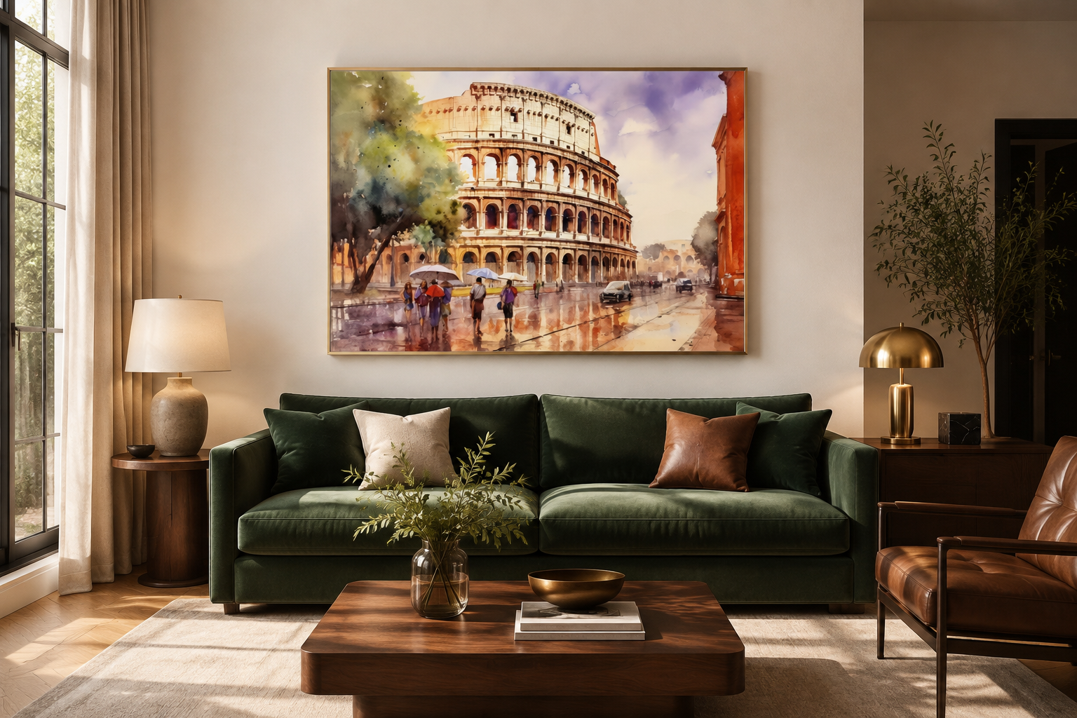 Rome Street With The Colosseum Vintage Framed Canvas Wall Art
