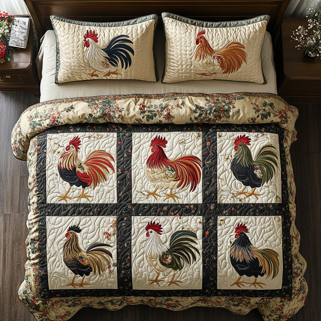 Rooster Charm 3-Piece Quilted Bedding Set - Single (59" x 70")