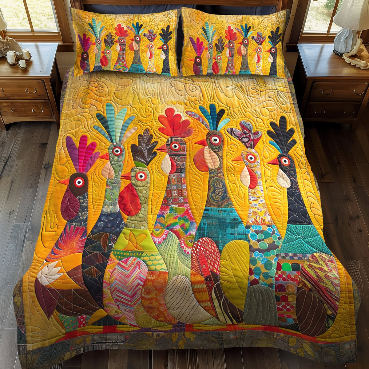 Single (59'' x 70'') /Moonlit Roosters 3-Piece Quilted Bedding Set