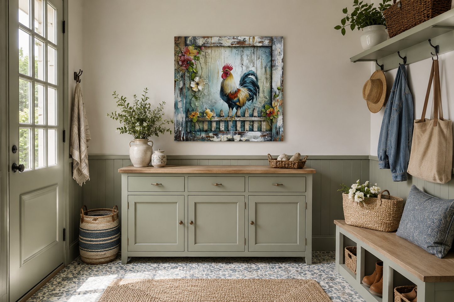 Rooster On The Fence Rustic Farmhouse Framed Canvas Wall Art