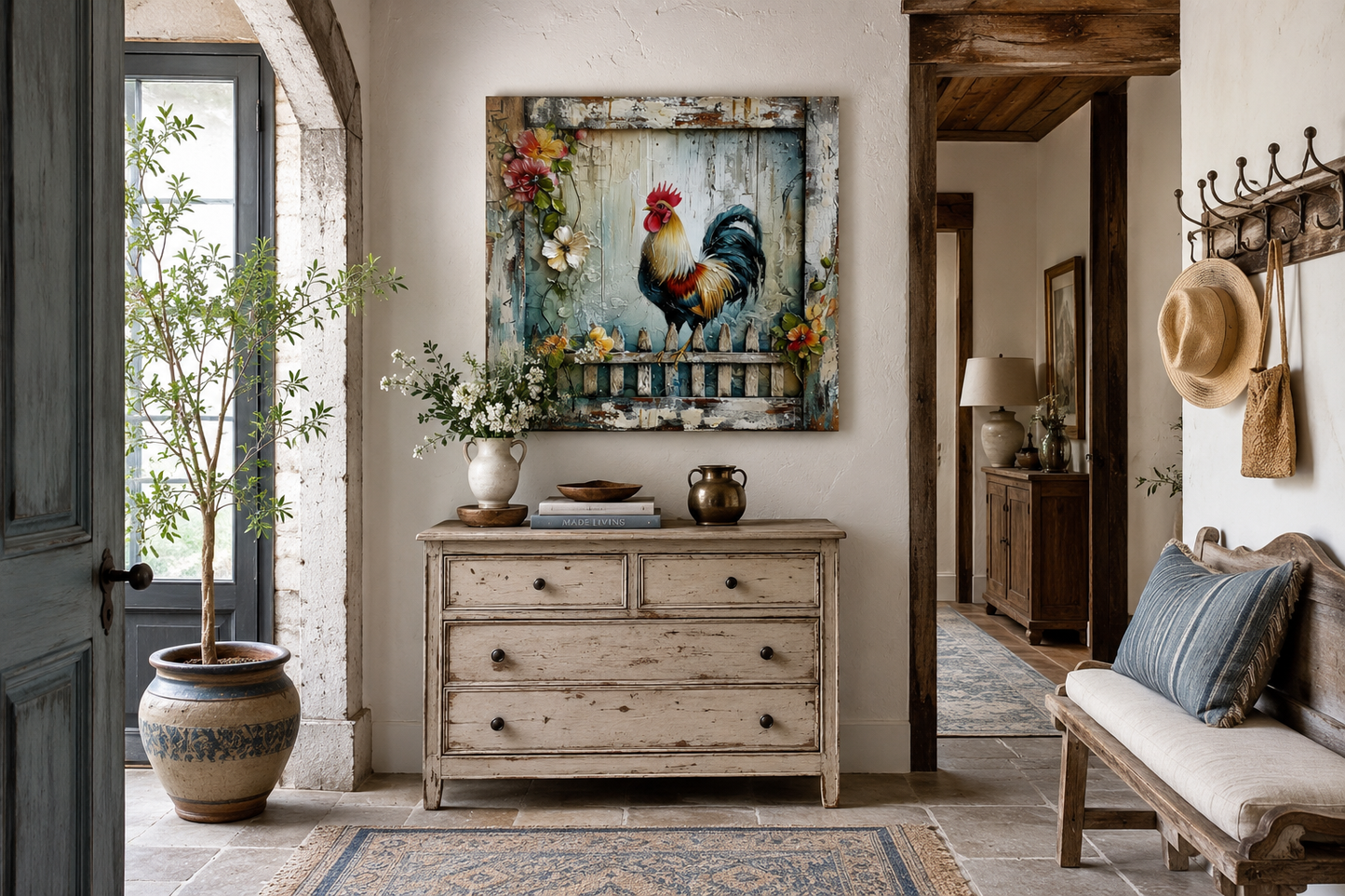 Rooster On The Fence Rustic Farmhouse Framed Canvas Wall Art