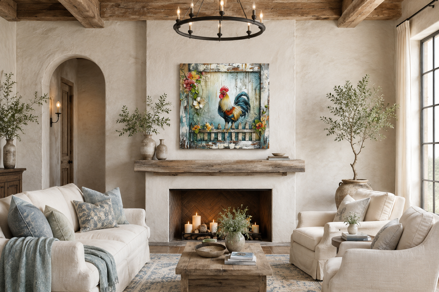 Rooster On The Fence Rustic Farmhouse Framed Canvas Wall Art